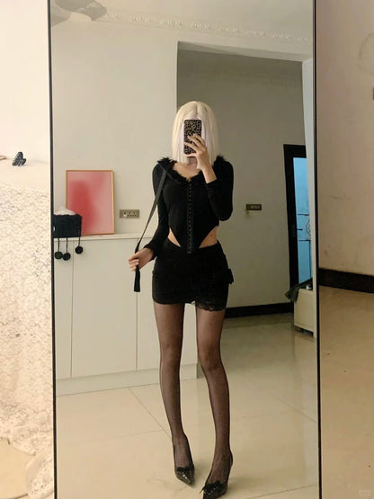 Black Fur - Detail Long Sleeve Top with Black Lace Mini Skirt Y2K Outfit - tutufox - 