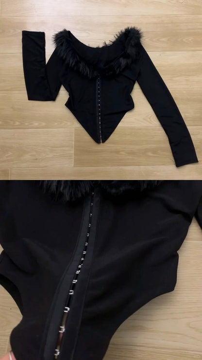 Black Fur - Detail Long Sleeve Top with Black Lace Mini Skirt Y2K Outfit - tutufox - 