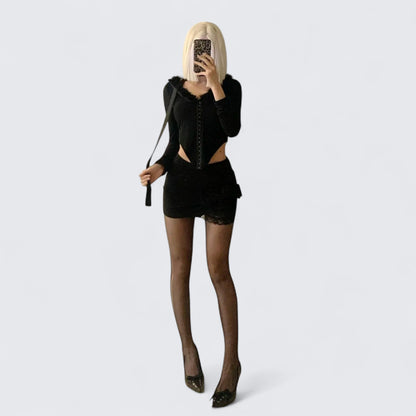 Black Fur - Detail Long Sleeve Top with Black Lace Mini Skirt Y2K Outfit - tutufox - 