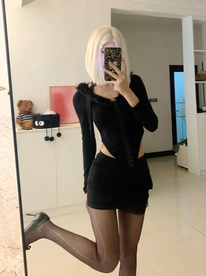 Black Fur - Detail Long Sleeve Top with Black Lace Mini Skirt Y2K Outfit - tutufox - 