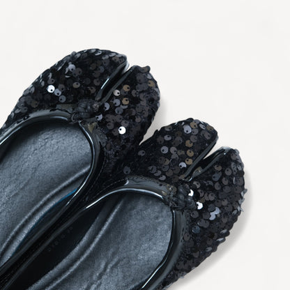 Black Glitter Round Toe Split Flats Tabi - tutufox - tabis