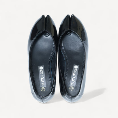 Black Glossy Soft Pointed Split Toe Flats - tutufox - tabis