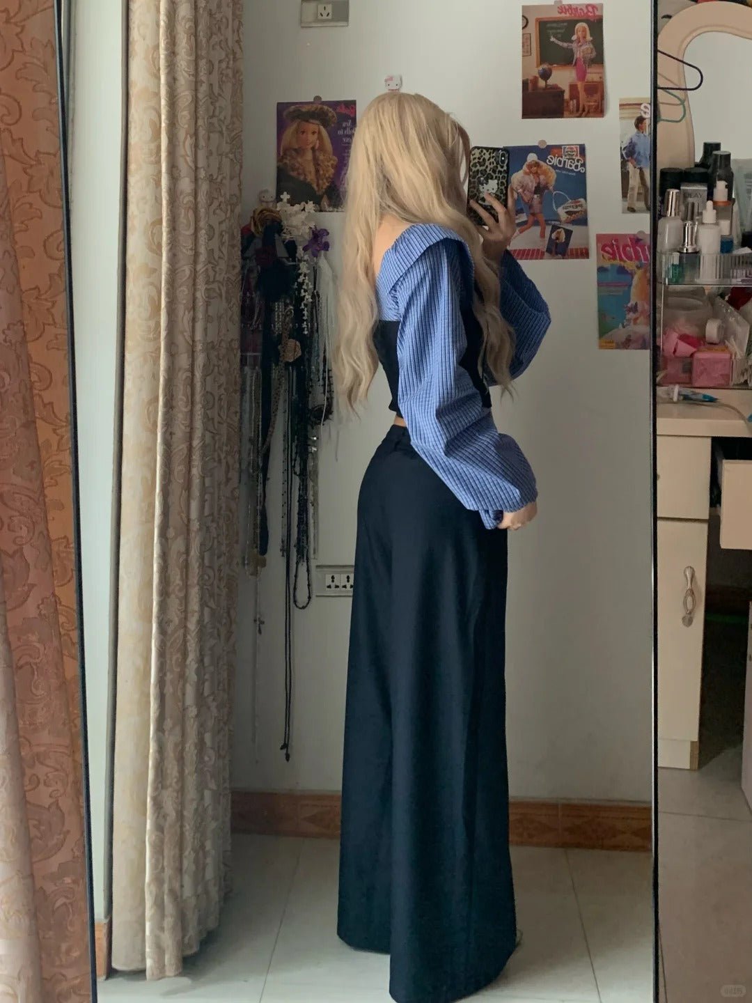 Black Halter Top and Blue Plaid Shawl with Wide Leg Pants Y2K Three Piece Sets - tutufox - 