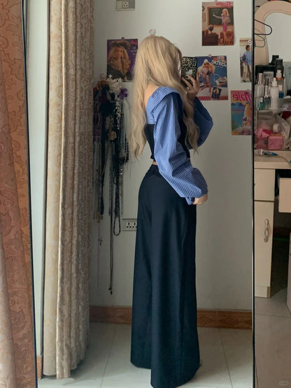 Black Halter Top and Blue Plaid Shawl with Wide Leg Pants Y2K Three Piece Sets - tutufox - 