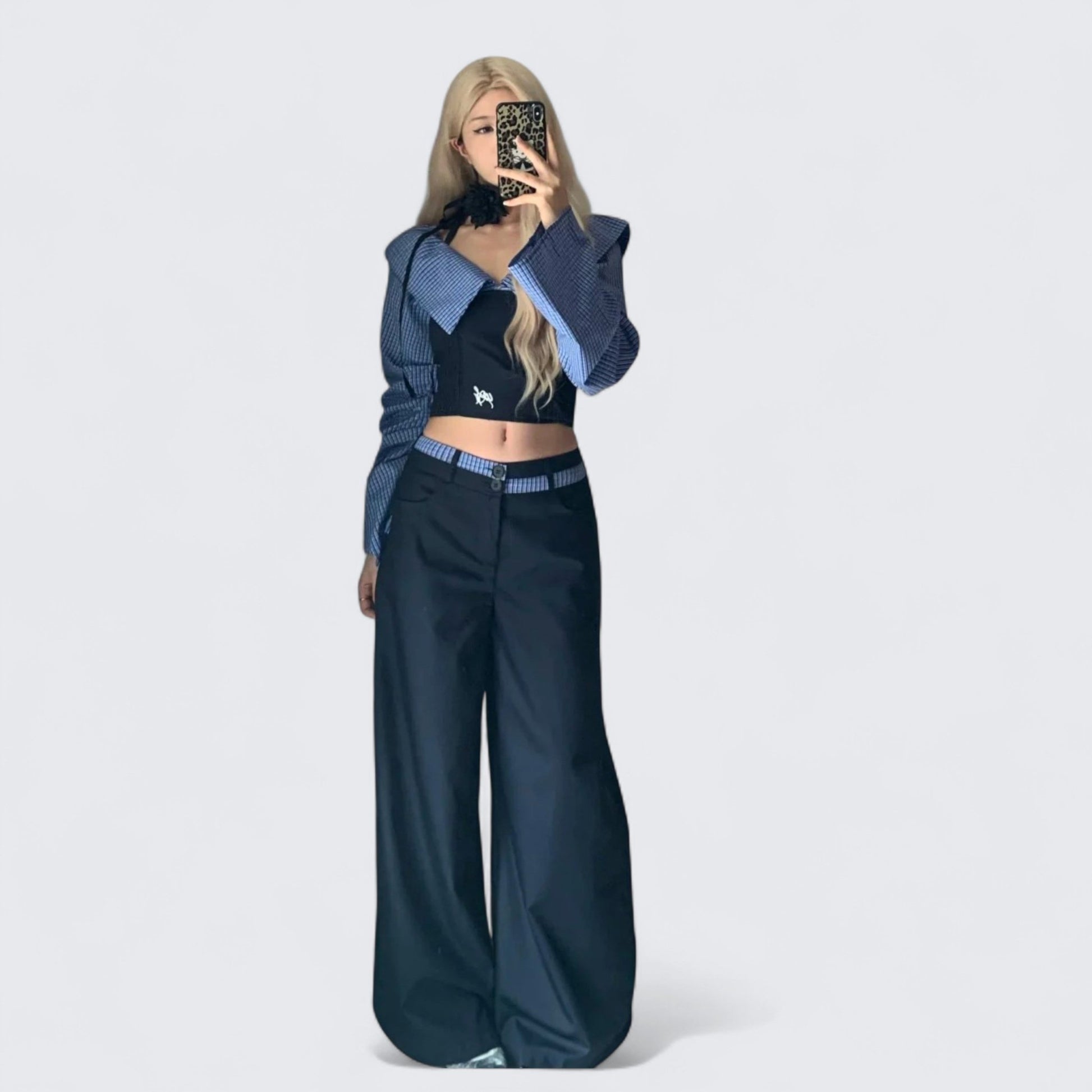 Black Halter Top and Blue Plaid Shawl with Wide Leg Pants Y2K Three Piece Sets - tutufox - 