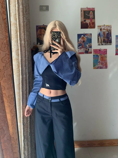 Black Halter Top and Blue Plaid Shawl with Wide Leg Pants Y2K Three Piece Sets - tutufox - 