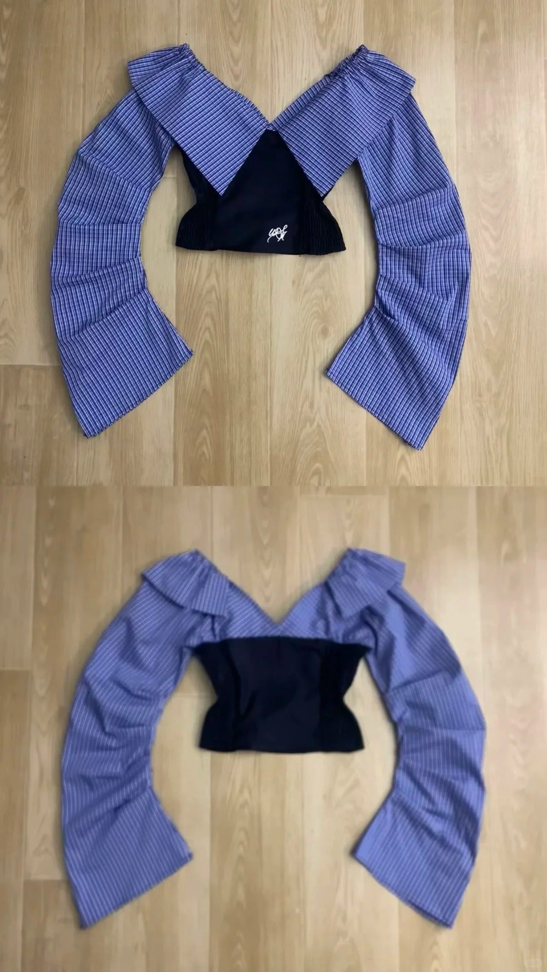 Black Halter Top and Blue Plaid Shawl with Wide Leg Pants Y2K Three Piece Sets - tutufox - 