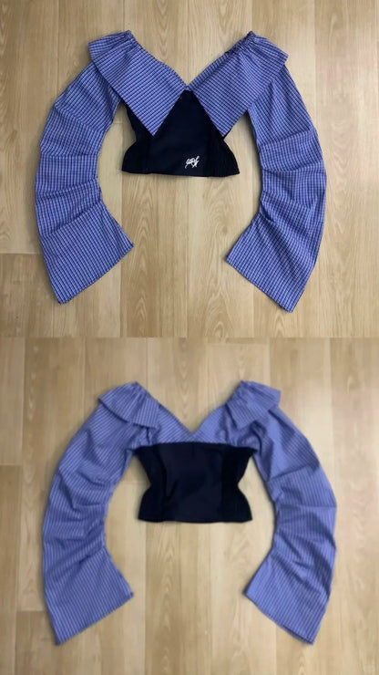 Black Halter Top and Blue Plaid Shawl with Wide Leg Pants Y2K Three Piece Sets - tutufox - 