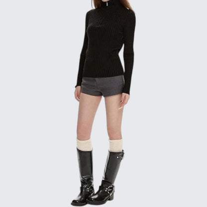 Black High - Neck Zipper Thickened Long - Sleeve Sweater For Women - Autumn & Winter - tutufox - 