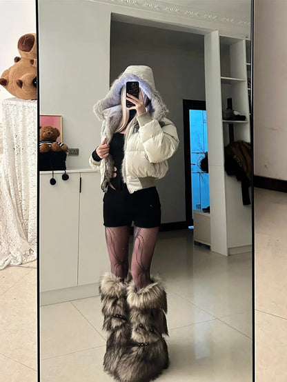 Black Hollow Top and Shorts with Ivory Fur - Collar Down Jacket Y2K Outfit - tutufox - 