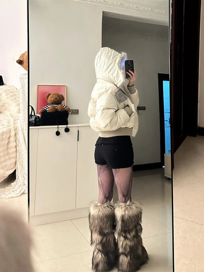 Black Hollow Top and Shorts with Ivory Fur - Collar Down Jacket Y2K Outfit - tutufox - 