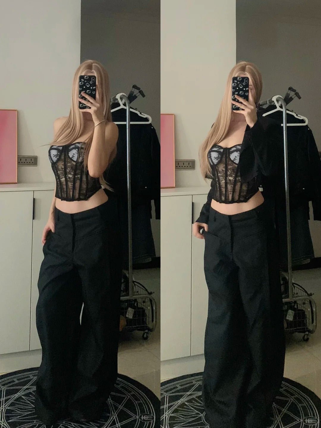 Black Lace Bandeau Top and Black Wide Leg Pants Y2K Two Pieces Sets - tutufox - 