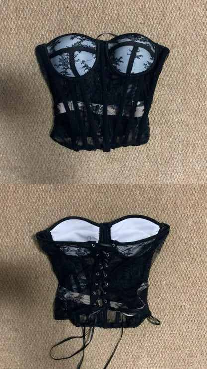 Black Lace Bandeau Top and Black Wide Leg Pants Y2K Two Pieces Sets - tutufox - 