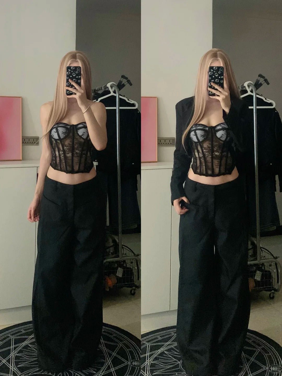 Black Lace Bandeau Top and Black Wide Leg Pants Y2K Two Pieces Sets - tutufox - 