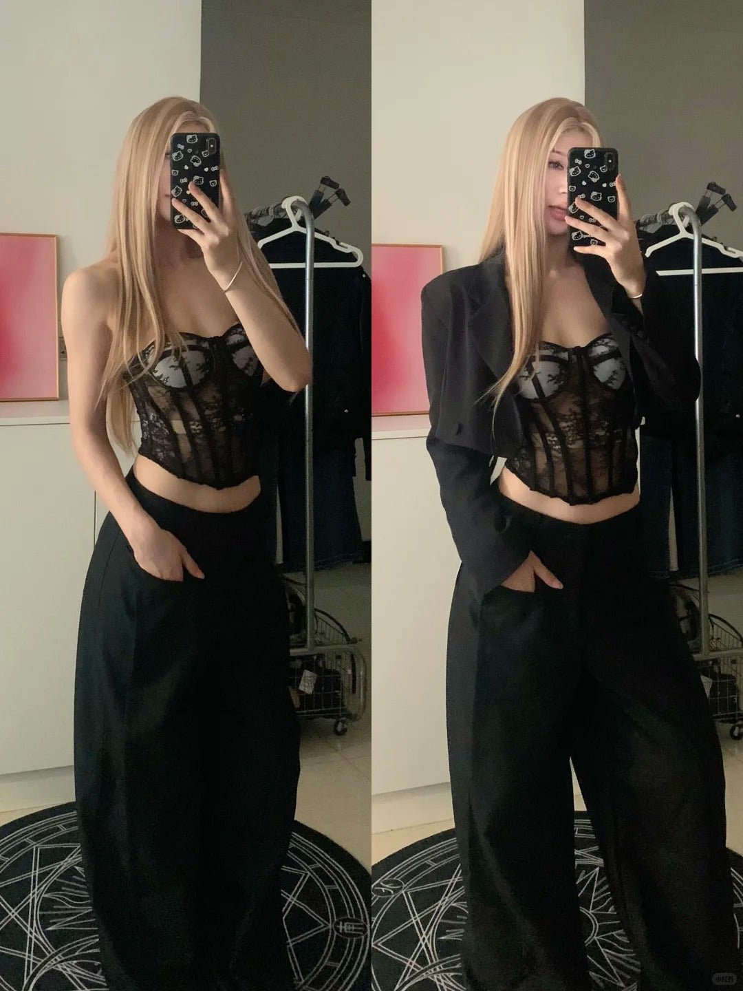Black Lace Bandeau Top and Black Wide Leg Pants Y2K Two Pieces Sets - tutufox - 