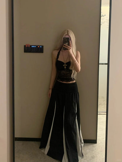 Black Lace Halter Top and Black White Block Midi Skirt Y2K Two Piece Sets - tutufox - 