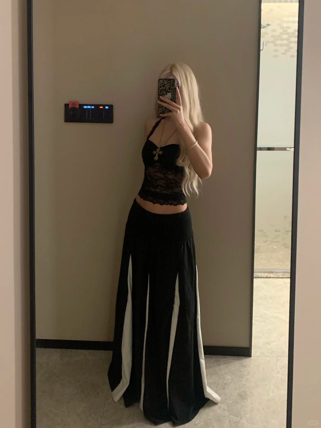 Black Lace Halter Top and Black White Block Midi Skirt Y2K Two Piece Sets - tutufox - 