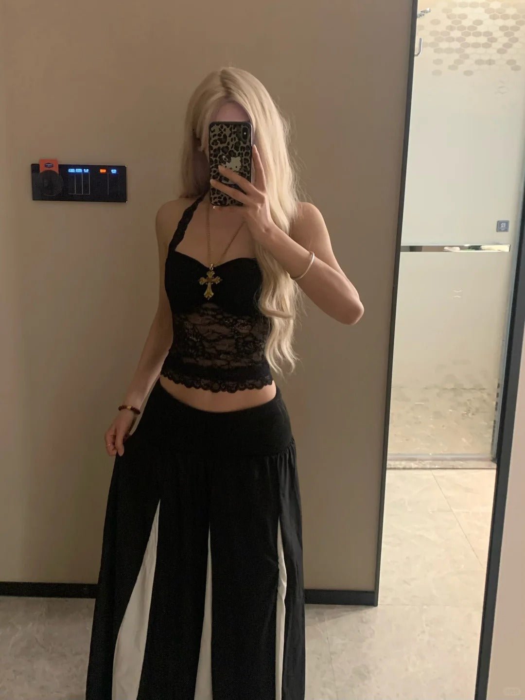 Black Lace Halter Top and Black White Block Midi Skirt Y2K Two Piece Sets - tutufox - 