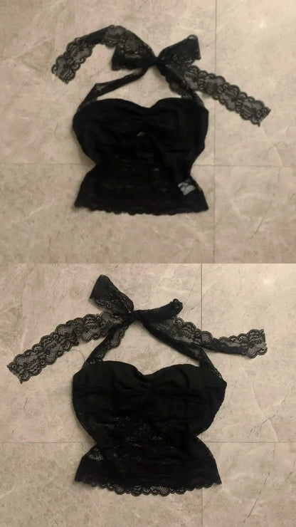 Black Lace Halter Top and Black White Block Midi Skirt Y2K Two Piece Sets - tutufox - 