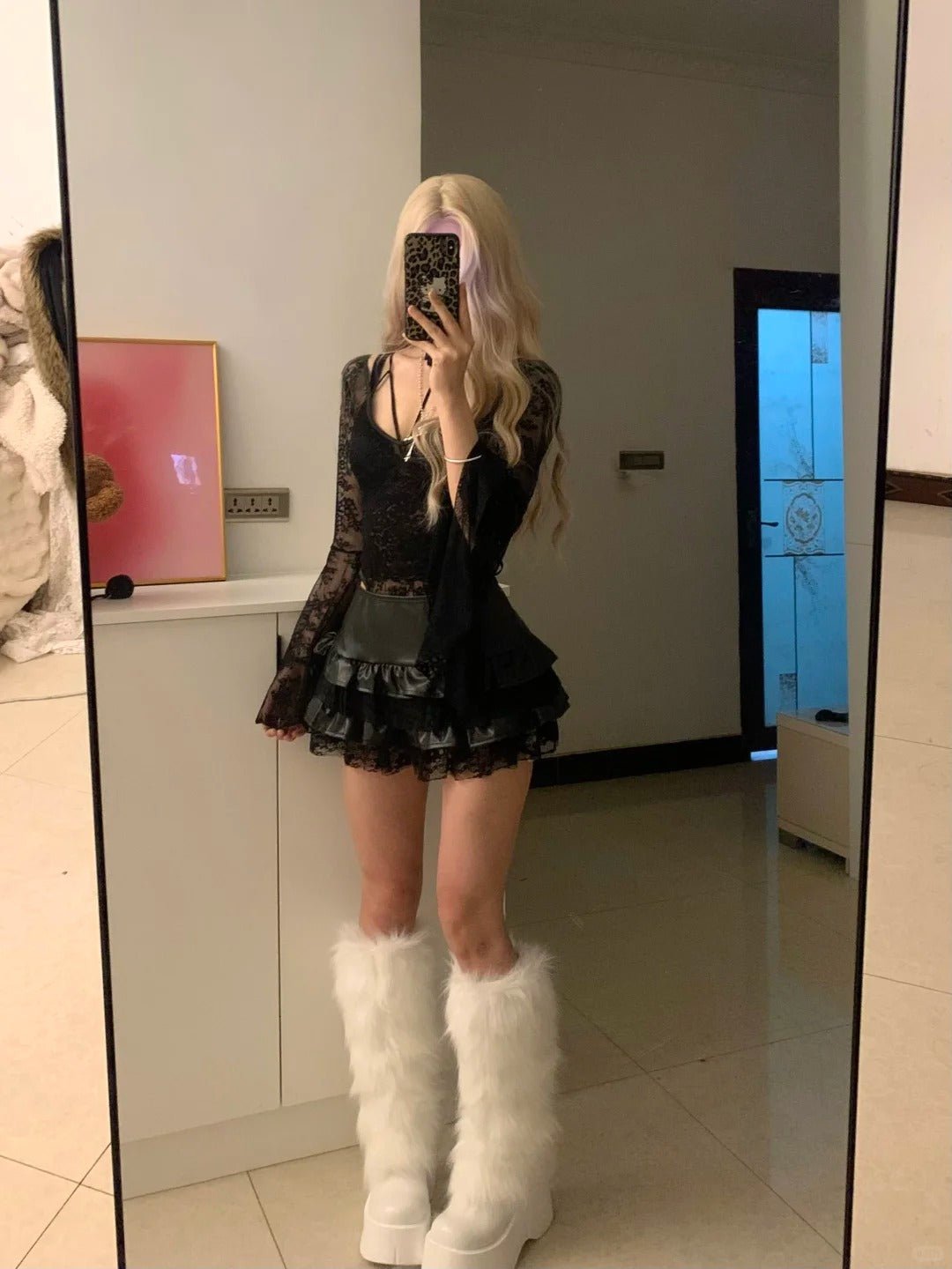 Black Lace Top and Layered Ruffle Skirt Y2K Outfit - tutufox - 