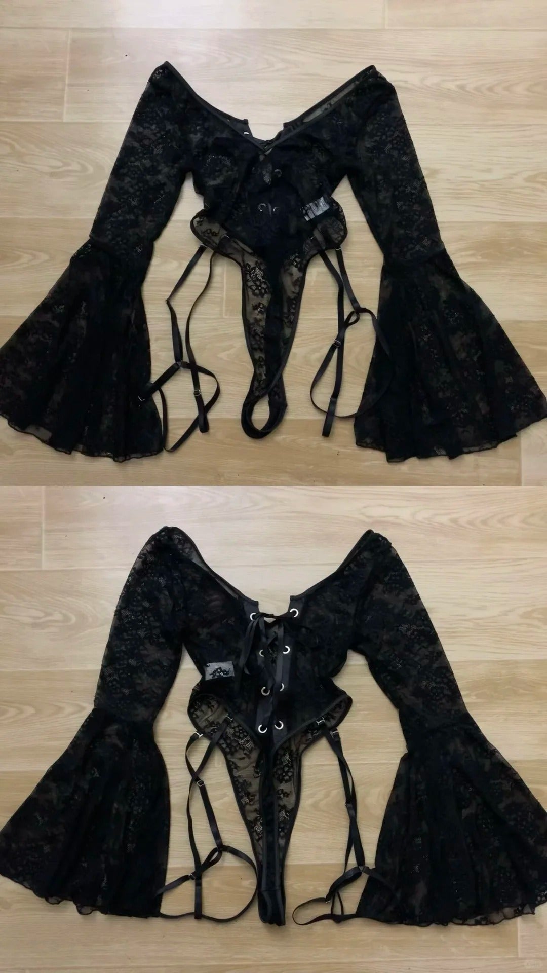 Black Lace Top and Layered Ruffle Skirt Y2K Outfit - tutufox - 