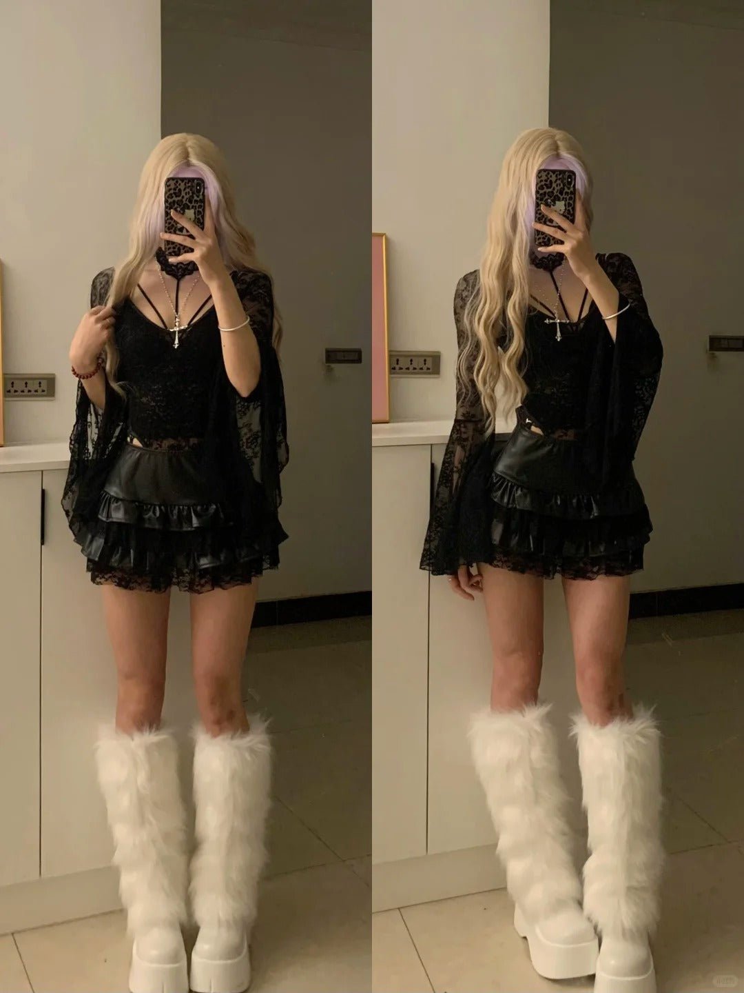 Black Lace Top and Layered Ruffle Skirt Y2K Outfit - tutufox - 