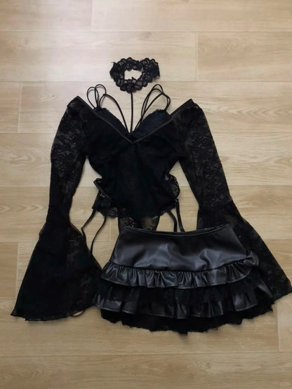 Black Lace Top and Layered Ruffle Skirt Y2K Outfit - tutufox - 