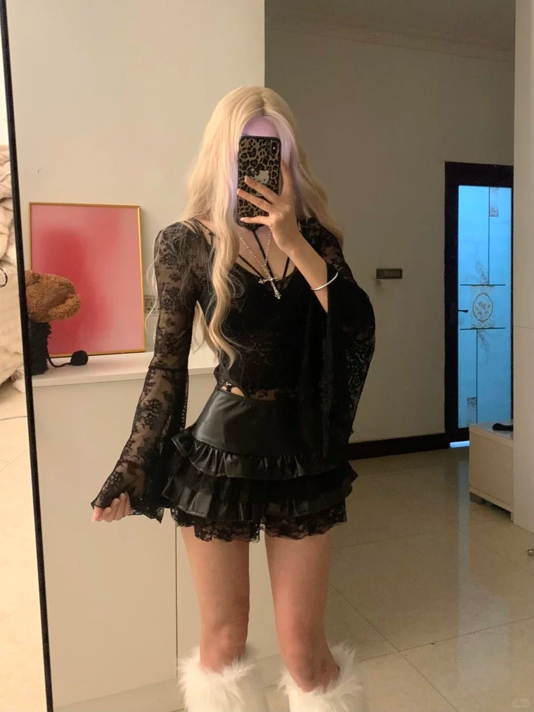 Black Lace Top and Layered Ruffle Skirt Y2K Outfit - tutufox - 