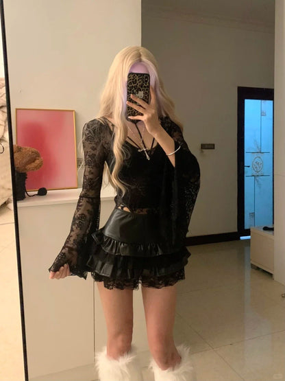 Black Lace Top and Layered Ruffle Skirt Y2K Outfit - tutufox - 