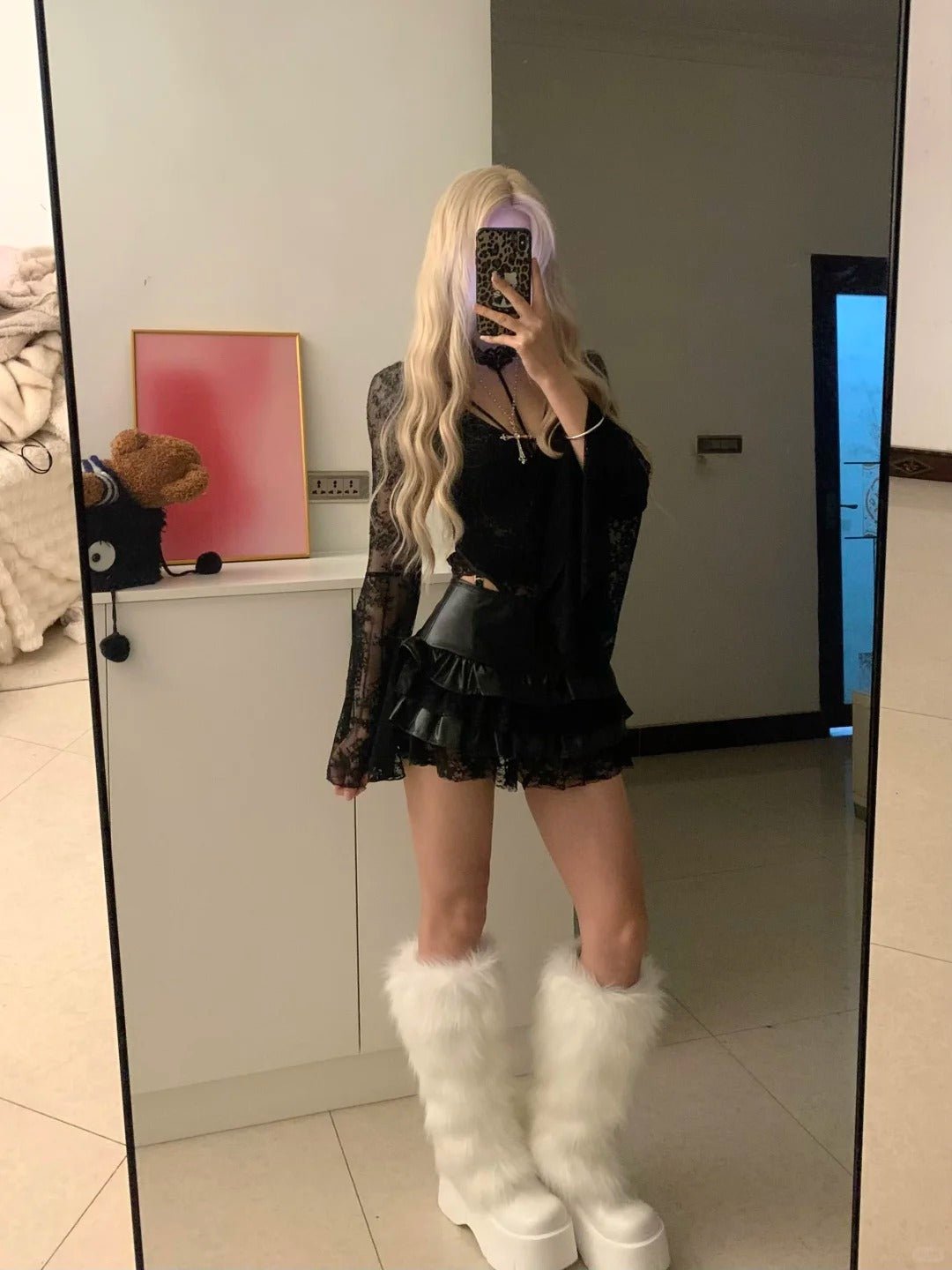 Black Lace Top and Layered Ruffle Skirt Y2K Outfit - tutufox - 