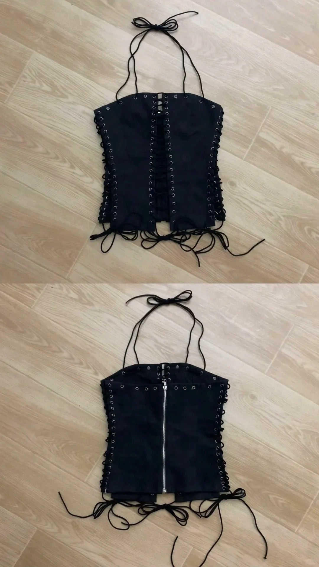 Black Lace - Up Bandeau Top and Light Wash Wide Leg Jeans Y2K Two Pieces Sets - tutufox - 