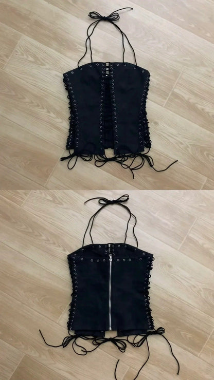 Black Lace - Up Bandeau Top and Light Wash Wide Leg Jeans Y2K Two Pieces Sets - tutufox - 