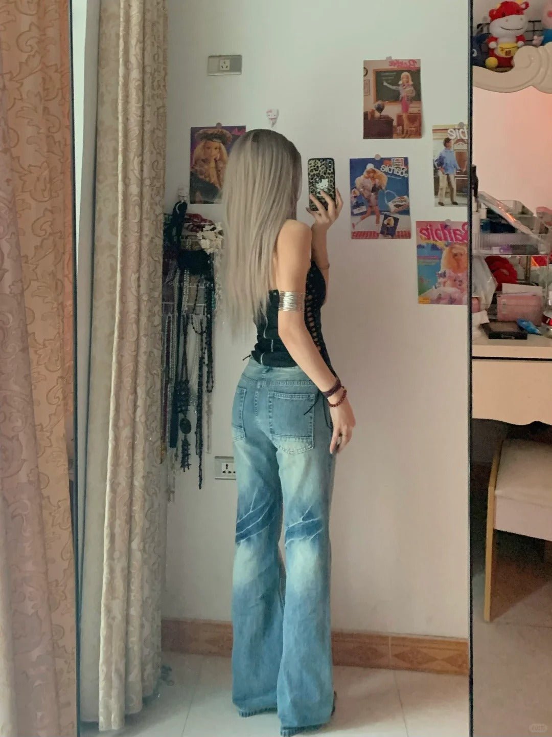 Black Lace - Up Bandeau Top and Light Wash Wide Leg Jeans Y2K Two Pieces Sets - tutufox - 