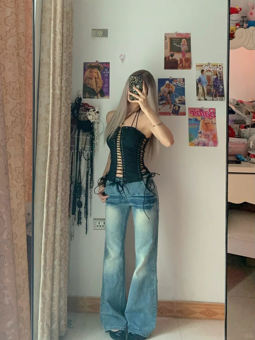Black Lace - Up Bandeau Top and Light Wash Wide Leg Jeans Y2K Two Pieces Sets - tutufox - 