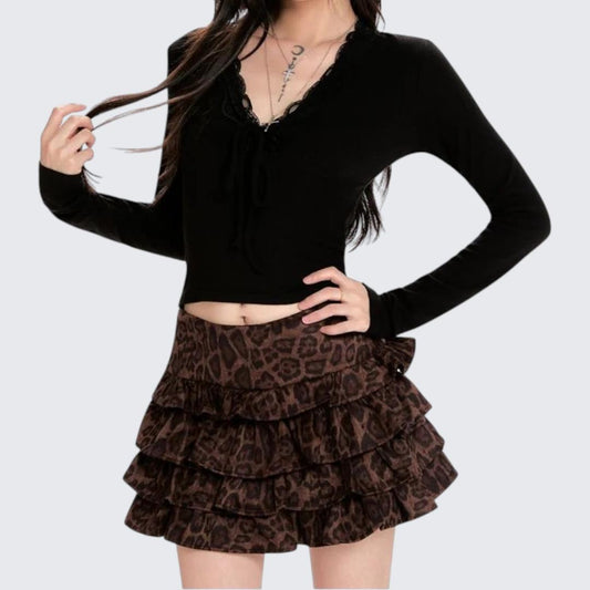 Black Lace V-Neck Long-Sleeve T-Shirt For Women - Spring & Summer