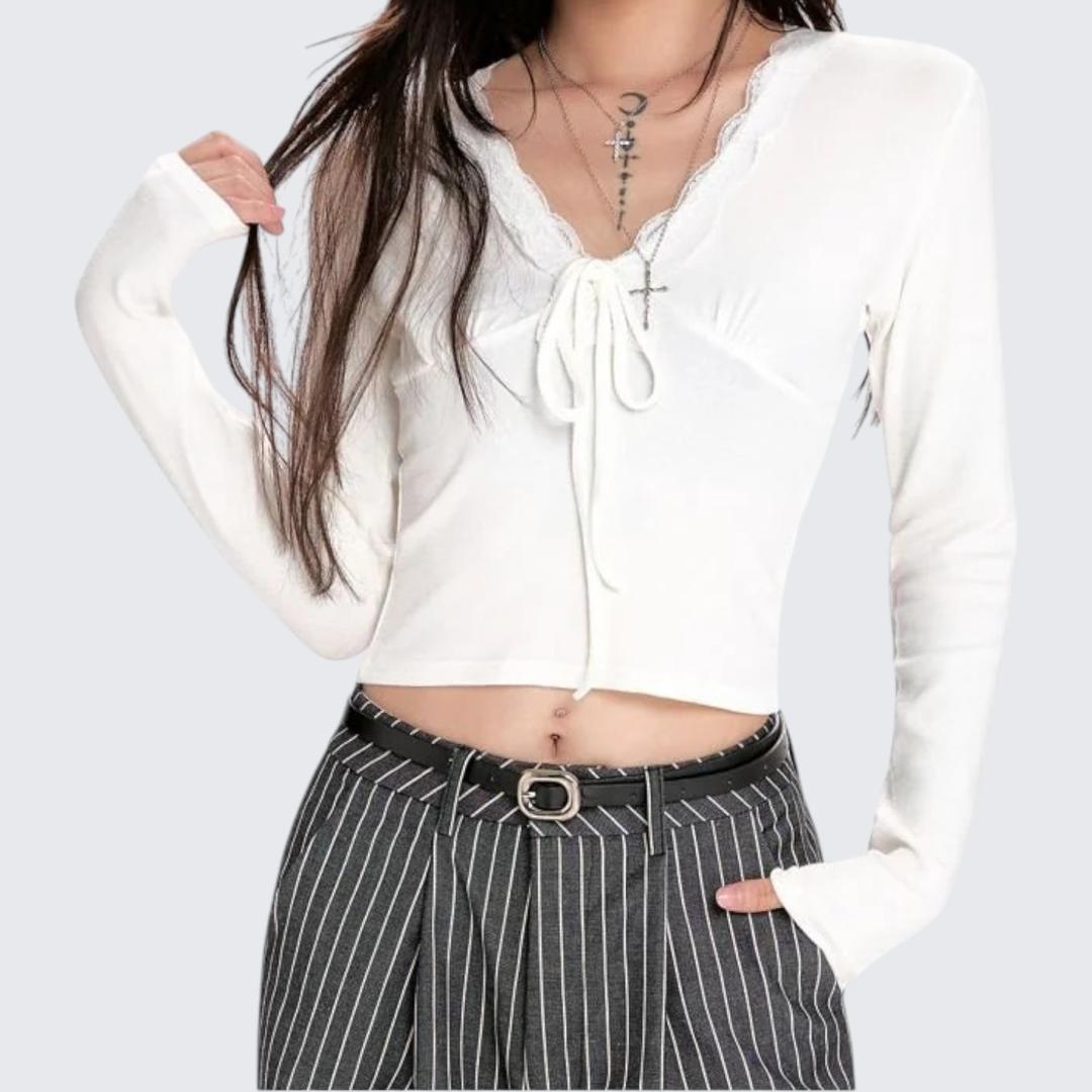 Black Lace V-Neck Long-Sleeve T-Shirt For Women - Spring & Summer