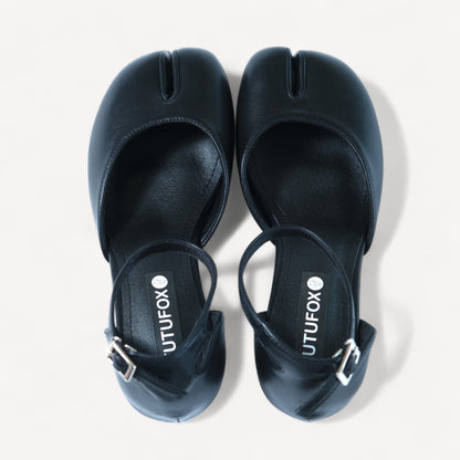 Black Leather Ankle Strap Split Toe Flats Tabi - tutufox - tabis