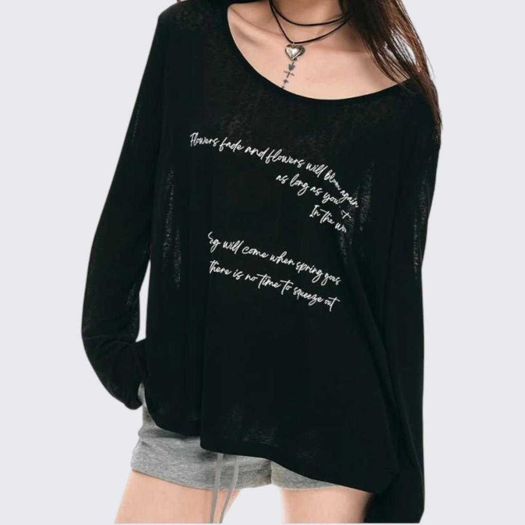 Black Letter-Print Long-Sleeve T-Shirt - Summer