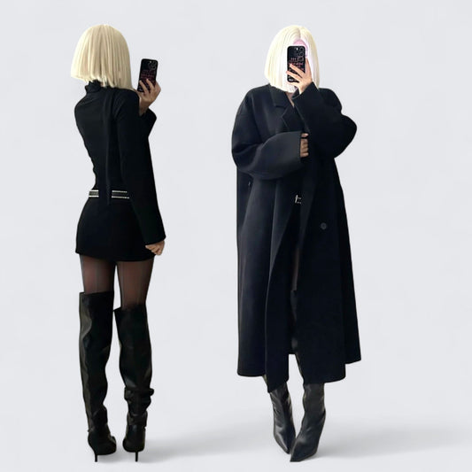 Black Long Coat with Top and Mini Skirt Y2K Three - Piece Set - tutufox - 