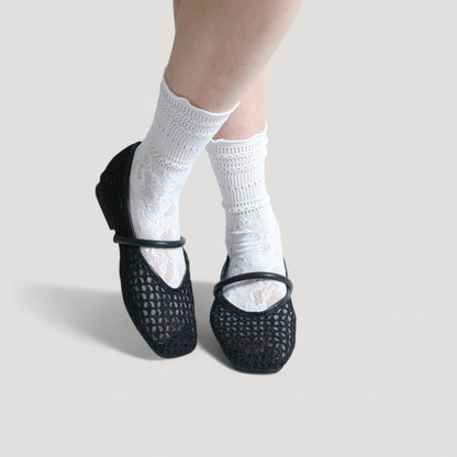 black mary jane almond toe flats sandals model posing  