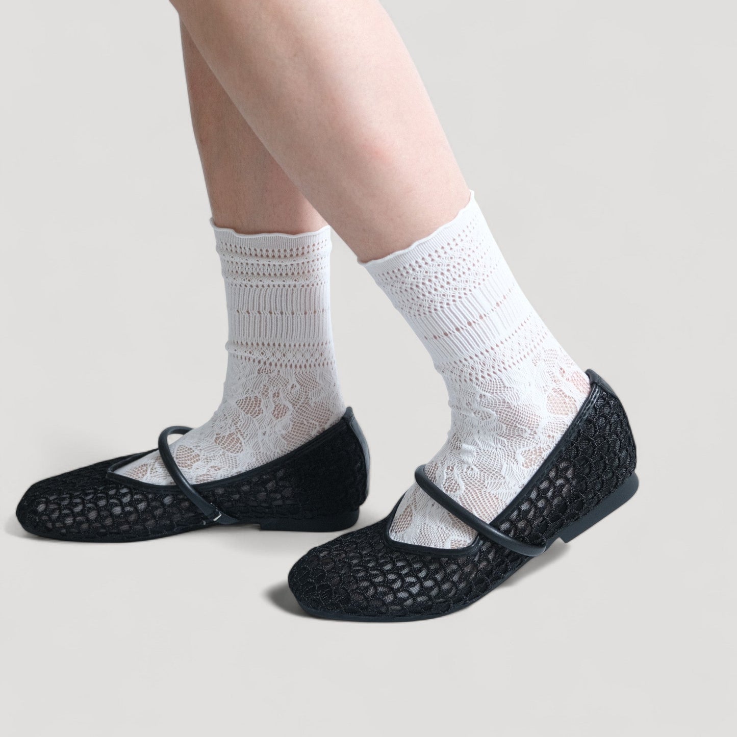 black mary jane almond toe flats sandals model walking 
