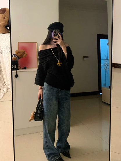 Black Off - Shoulder Knit Top and Blue Jeans Y2K Outfit - tutufox - 