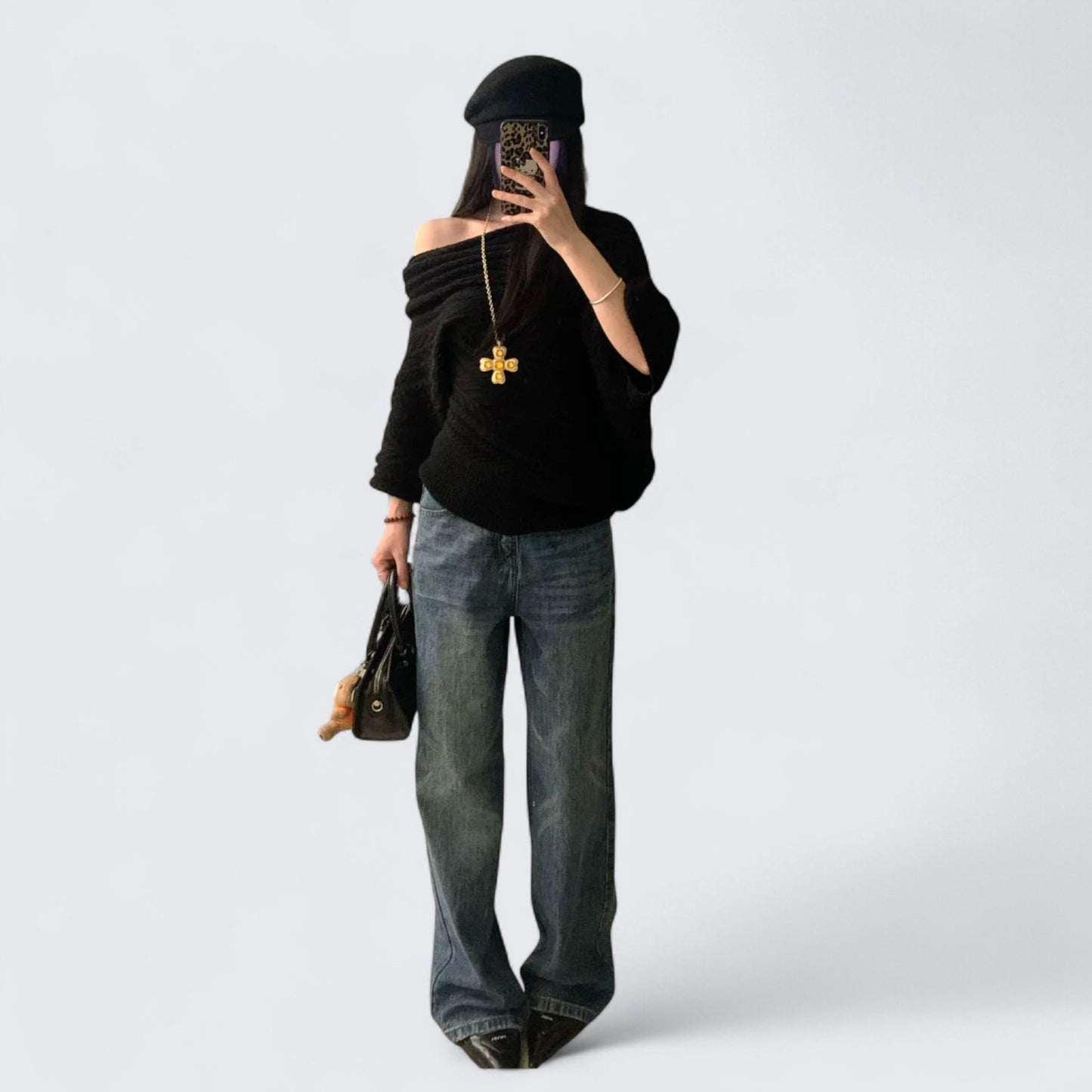 Black Off - Shoulder Knit Top and Blue Jeans Y2K Outfit - tutufox - 