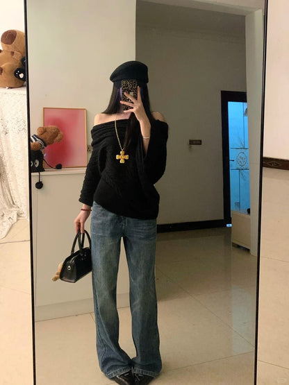 Black Off - Shoulder Knit Top and Blue Jeans Y2K Outfit - tutufox - 