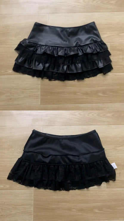 Black Off - Shoulder Knit Top with Leather Ruffle Skirt Y2K Two - Piece Set - tutufox - 