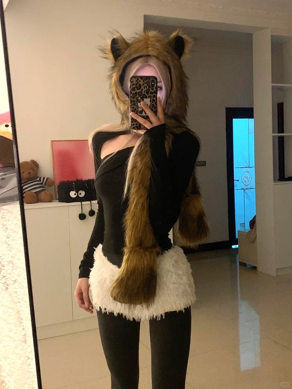 Black One - Shoulder Top with White Fur Shorts Y2K Two - Piece Set - tutufox - 