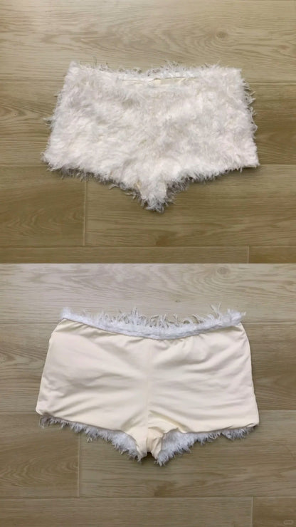 Black One - Shoulder Top with White Fur Shorts Y2K Two - Piece Set - tutufox - 