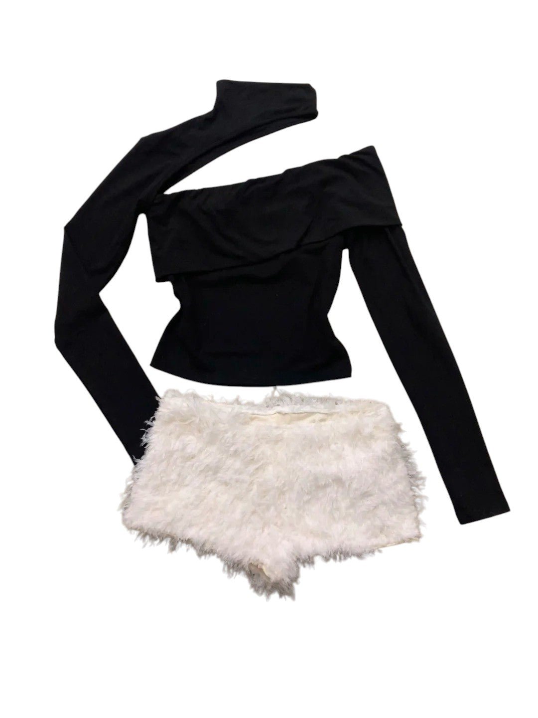 Black One - Shoulder Top with White Fur Shorts Y2K Two - Piece Set - tutufox - 