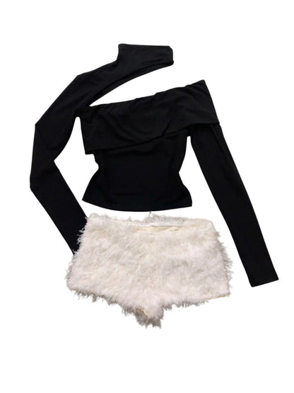Black One - Shoulder Top with White Fur Shorts Y2K Two - Piece Set - tutufox - 
