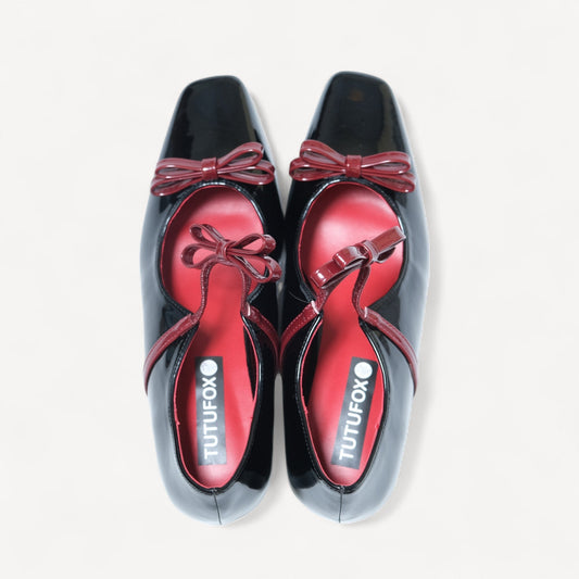 black patent mary jane bow flats front view  